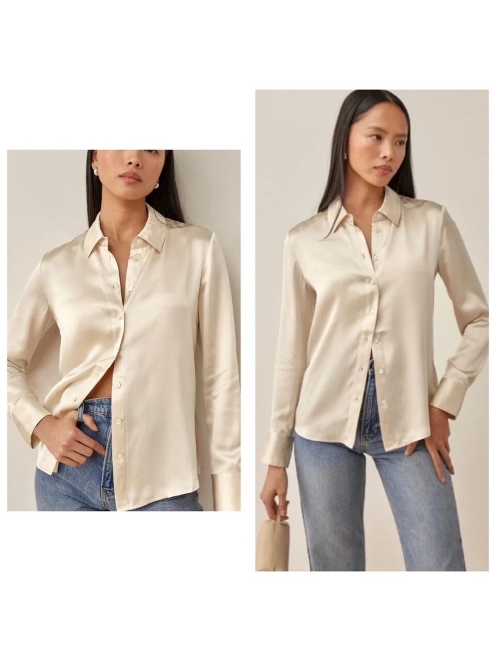 Reformation Long-Sleeve Button-Down Shirt in Light Beige 100% Silk( small flaw